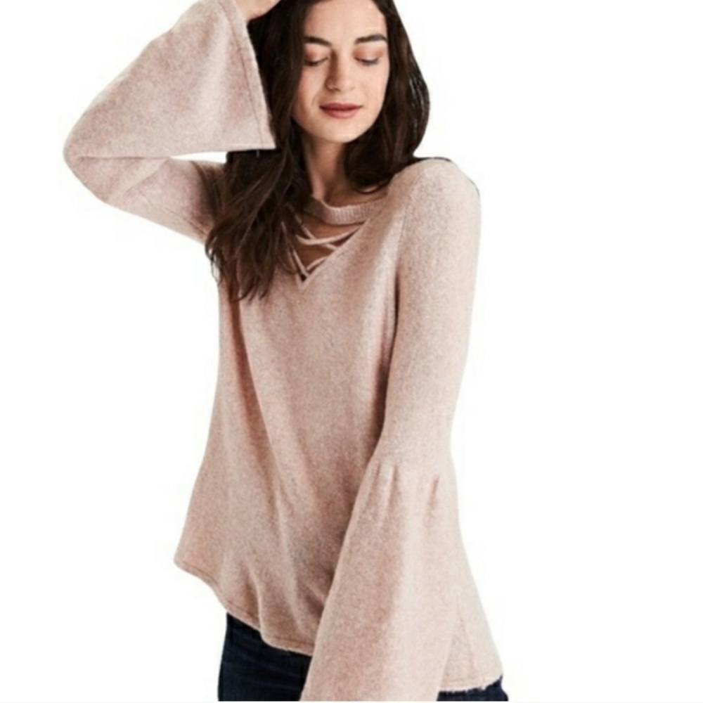 American Eagle Bell Sleeve Lace Up Neck Sweater
